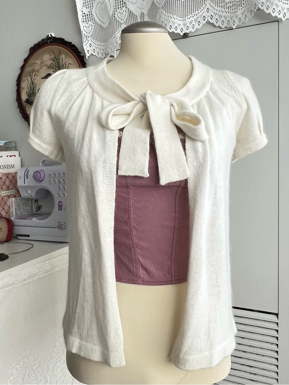 Cream Short-Sleeve Tie-Neck Cardigan
